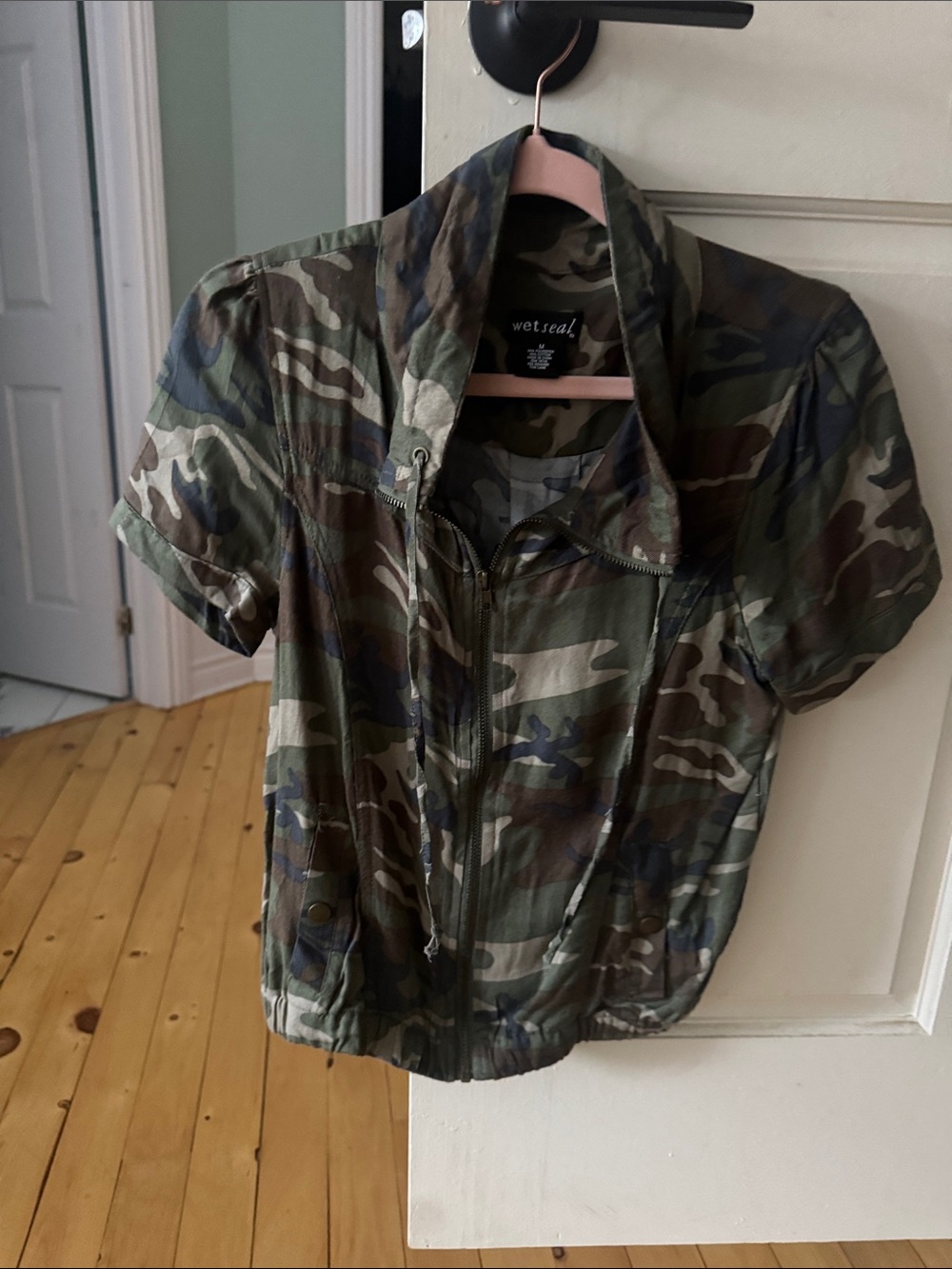 Wet Seal Green Camo Short-Sleeve Zip-up